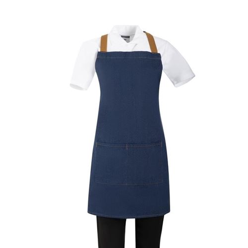 Tablier Court Croisé au Dos Denim Bleu avec Liens en Cuir   Southside
