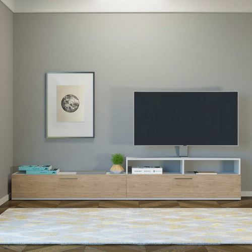 HOMEMANIA Meuble TV Siri - avec Compartiments, Portes - pour Salon - en Bois Naturel, 240 x 24 x 43 cm