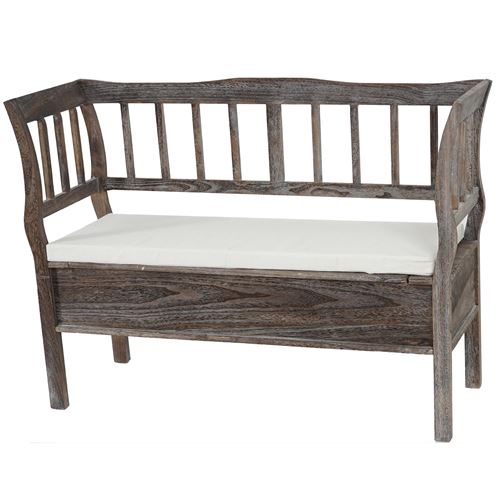 Banc banquette de rangement T207 bahut coffre avec coussin bois marron shabby chic