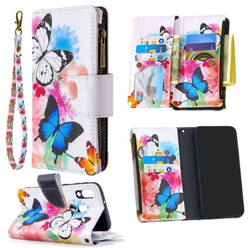 Etui en PU fermeture éclair à motifs avec 9 porte-cartes trois papillons pour votre Samsung Galaxy A40