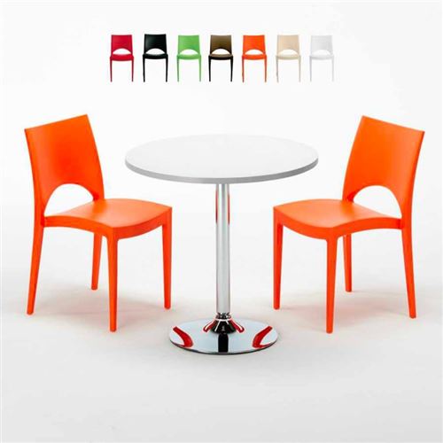 Table Ronde Blanche 70x70cm Avec 2 Chaises Colorées Grand Soleil Set Intérieur Bar Café Paris LONG Island, Couleur: Orange