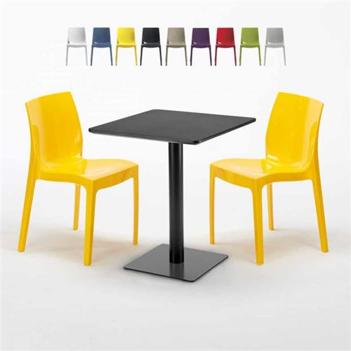 Table carrée 60x60 noire avec 2 chaises colorées Ice Licorice, Couleur: Jaune