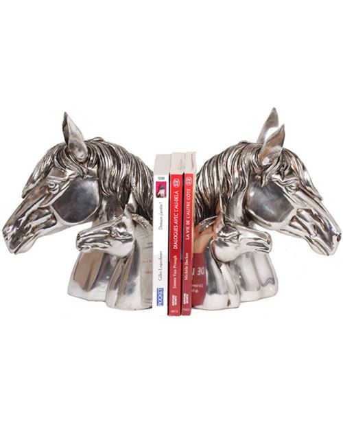 Serre livres en résine argentée têtes de cheval et poulains - 24 cm