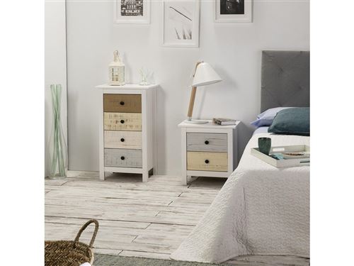 Chevet MAGDA Blanc et tiroirs multicouleurs en pin massif - VS Venta-Stock