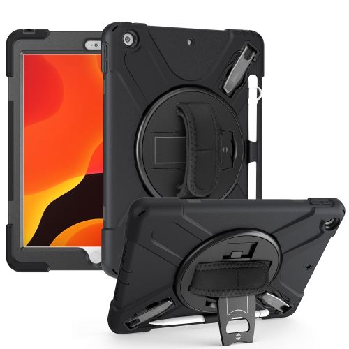 Coque en TPU + Silicone avec deux types de béquille, sangle et porte-stylet noir pour votre Apple iPad 10.2 (2019)
