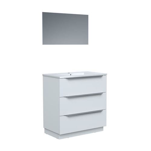 Ensemble Meuble salle de bain sur socle L 80 - Vasque + 3 tiroirs + miroir - Blanc - ZOOM