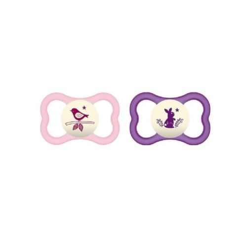 mam sucette air nuit - a partir de 6 mois - silicone - lot de 2 sucettes - boîte de stérilisation - oiseau / lapin