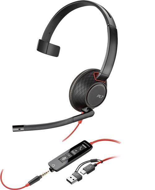 HP Poly Blackwire 5210 - Blackwire 5200 series - micro-casque - sur-oreille - filaire - jack 3,5mm, USB-C - noir - Certifié pour Microsoft Teams, Certifié pour Skype for Business, certifié Cisco Jabber, Certifié Avaya, Works With Chromebook Certified,