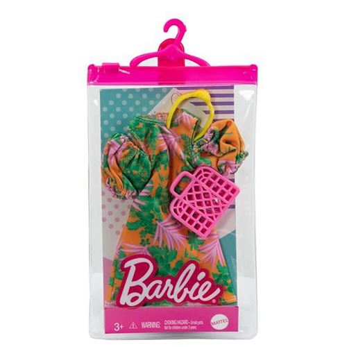 Barbie Fashion Pack - HBV32 - Ensemble vêtements Robe Tropicale avec des Manches Bouffantes, Un Bandeau Jaune + Sac à Main Rose