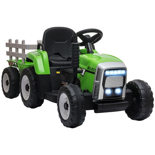 Tracteur &eacute;lectrique enfant avec remorque - effets sonores lumineux - t&eacute;l&eacute;commande - 3-6 Km/h - vert 