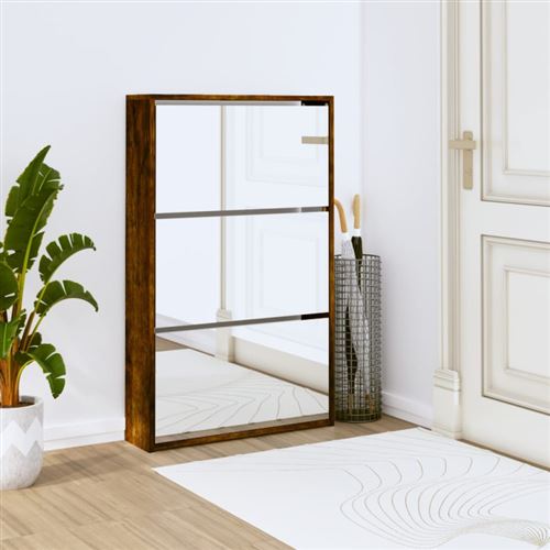 vidaXL Armoire à chaussures miroir 3 niveaux Chêne fumé 63x17x102,5 cm