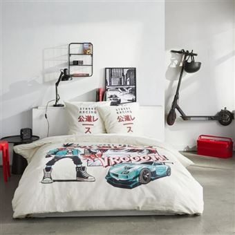 Parure de lit - JAVA - 2 personnes - 240x220 cm - Coton - Imprimé Street racing - Blanc - 1