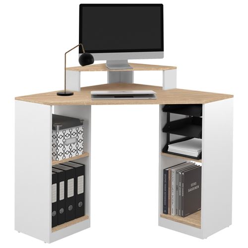 Bureau d'angle avec rangements blanc et façon hêtre
