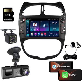 SZSMART BZ710 7" Android autoradio, 4 GB RAM + 64 GB ROM, Bluetooth, 4G, Wi-Fi, GPS, draadloze CarPlay, achteruitrijcamera, dashcam en 32 GB geheugenkaart voor Peugeot 206 206CC 206SW - 1
