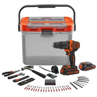 KIT BRICO : Perceuse Perc 18V BLACK+DEKKER - avec 2 batteries 1,5Ah , 6 outils, 60 accs, 12 clés et boîte - BCKSB04-QW - 1