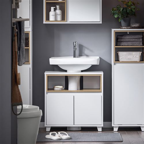 SoBuy BZR148-W Meuble sous Lavabo de Salle de Bain, Meuble sous Vasque à 2 Portes, Placard Armoire de Rangement Meuble évier de Cuisine