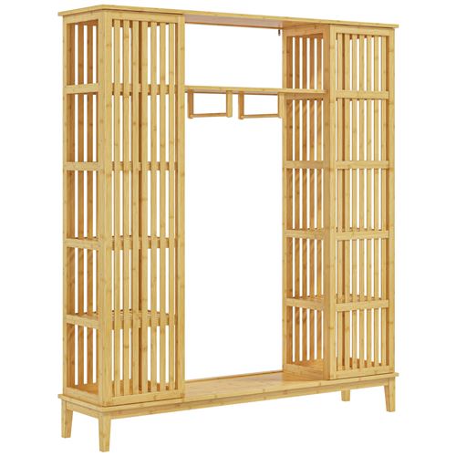 Armoire penderie en bambou - 2 portes coulissantes, 7 étagères, 2 barres