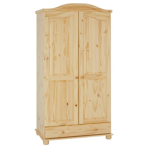 Armoire BERGEN dressing pour vêtements avec 2 portes penderie 1 tringle et 1 étagère et 1 tiroir, en pin massif vernis naturel
