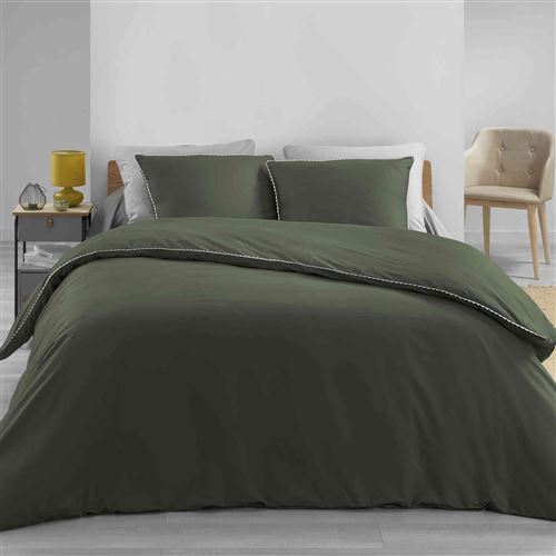 Parure de lit percale Louméa kaki/blanc 260x240 cm