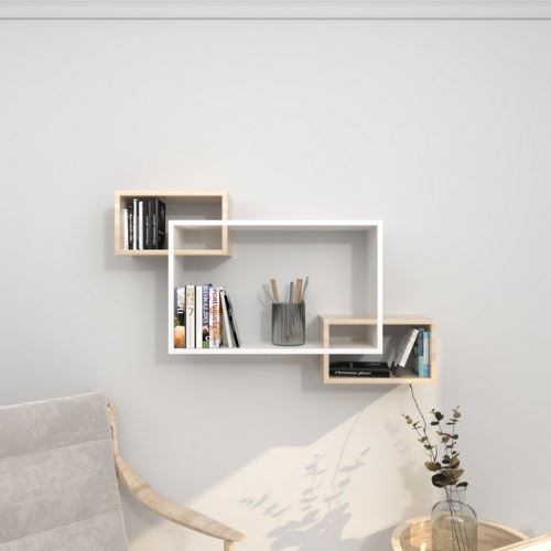 HOMEMANIA Étagère Davis Murale Flottante - pour Livres - avec Compartiments - Blanc, Sonoma en Bois, 100 x 20 x 59,2 cm