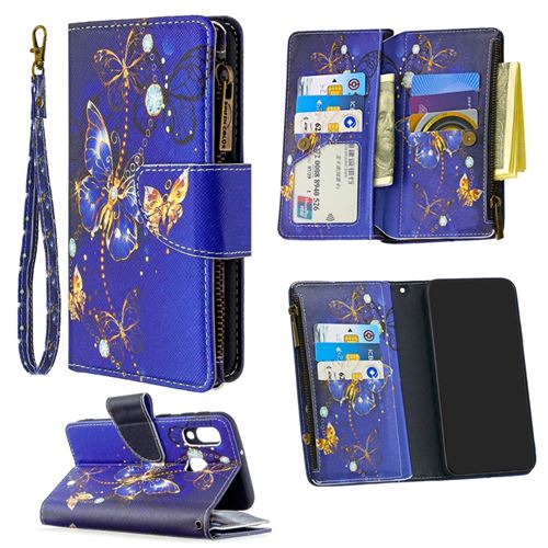 Etui en PU fermeture éclair à motifs avec 9 porte-cartes papillon bleu pour votre Samsung Galaxy A40