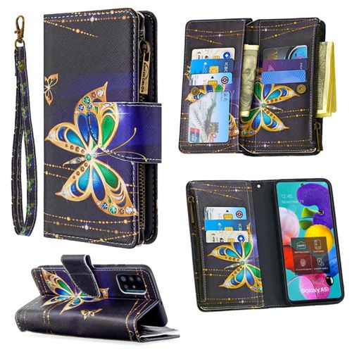 Etui en PU fermeture à glissière d'impression de modèle papillon papillon pour votre Samsung Galaxy A51 SM-A515