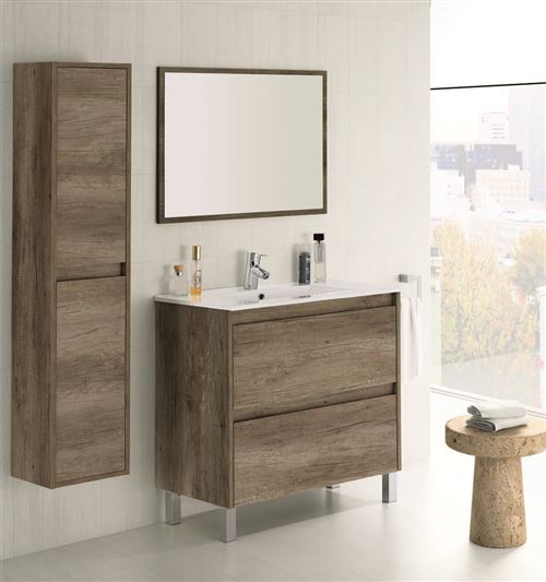 Set de salle de bain avec Meuble sous lavabo + Colonne suspendue + Lavabo PMMA + miroir -PEGANE-