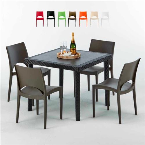Table Carrée Noire 90x90cm Avec 4 Chaises Colorées Grand Soleil Set Extérieur Bar Café PARIS PASSION, Couleur: Marron