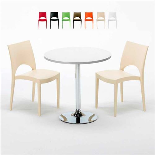 Table Ronde Blanche 70x70cm Avec 2 Chaises Colorées Grand Soleil Set Intérieur Bar Café Paris LONG Island, Couleur: Beige