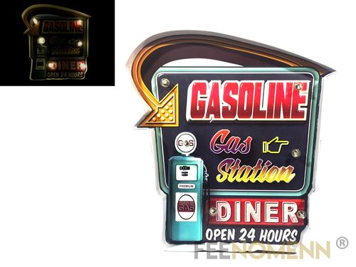 plaque métal lumineuse led - station service gasoline 24h (37x35cm)