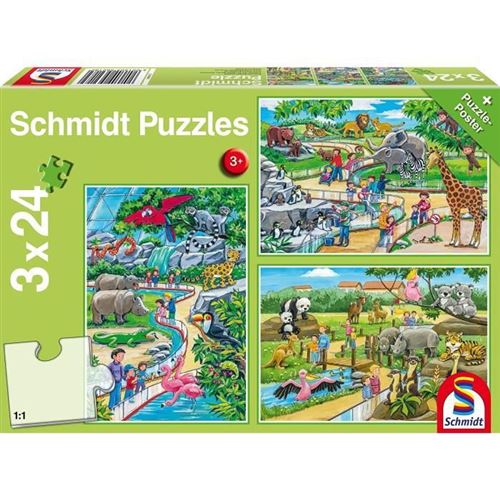 Puzzle 24 Pièces : 3 Puzzles - Une Journée au Zoo, Schmidt Spiele