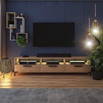 Meuble TV - BIANKO - 140 cm - chêne lancaster / blanc brillant - avec LED -  style moderne - tablettes en verre - Cdiscount Maison