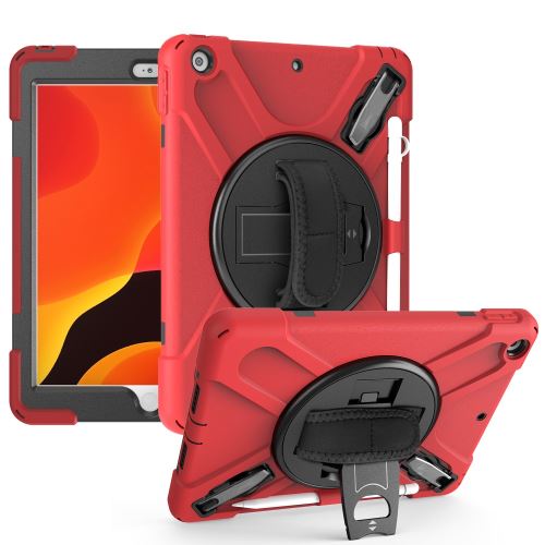 Coque en TPU + Silicone avec deux types de béquille, sangle et porte-stylet rouge pour votre Apple iPad 10.2 (2019)