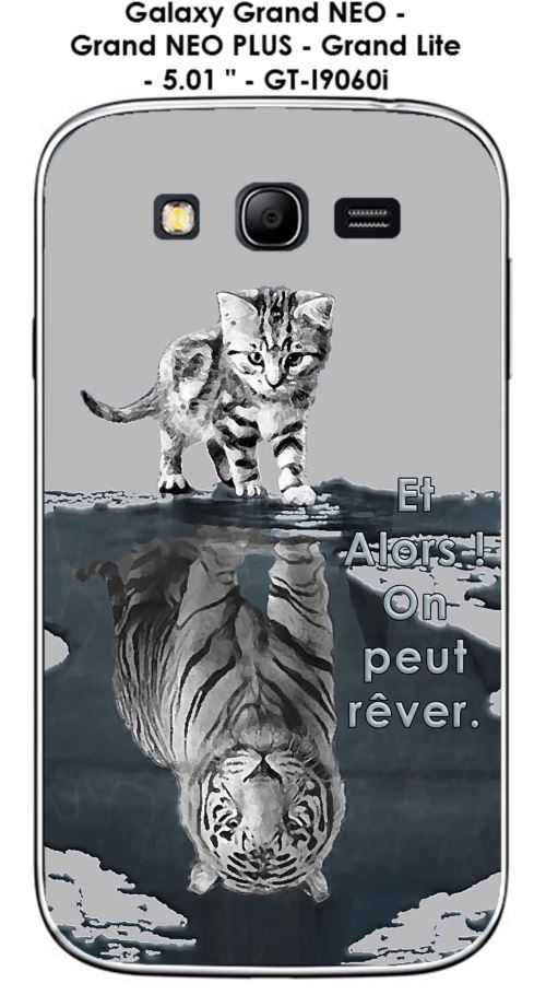 Coque TPU gel souple Samsung Galaxy Grand PLUS - GT-I9060i - Grand NEO PLUS - Grand Lite - 5.01 pouce design Chat Tigre Blanc fond gris Et Alors !