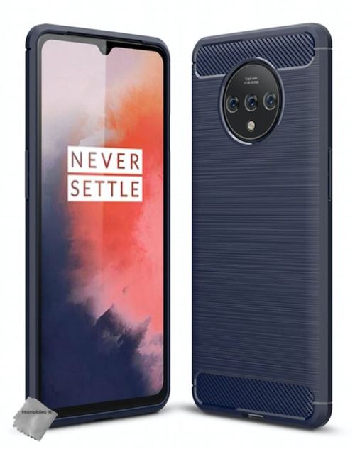 Housse etui coque silicone gel carbone pour OnePlus 7T avec film ecran - BLEU FONCE