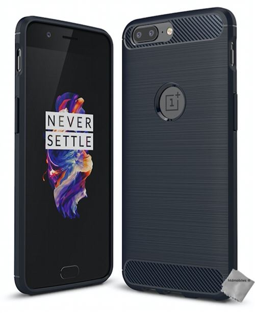 Housse etui coque silicone gel carbone pour OnePlus 5 avec verre trempe - BLEU FONCE