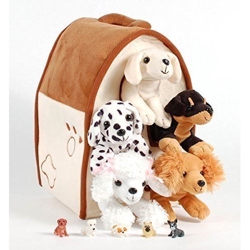 Unipak 12 Plush Dog House carrying case with Five (5) Stuffed Animal Dogs (Dalmatian, Yellow Labrador Retriever, Rottweiler, Poodle, and cocker Spaniel) + Free Bonus Five Mini Puppy Figures