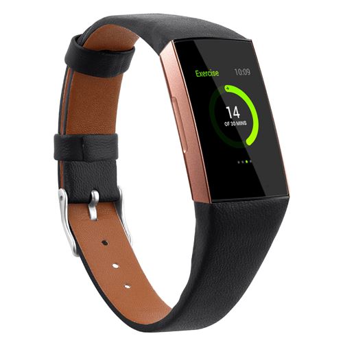 Bracelet en cuir élégant confortable pour Fitbit Charge3 / Charge4 - Noir (Taille L)