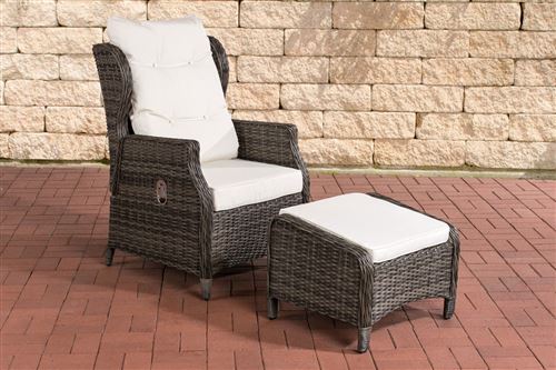 Fauteuil de jardin Breno 5 mm avec pouf repose-pieds - Polyrotin Gris chiné - Coussins Blanc crème