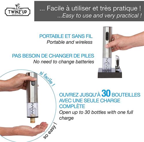 TIRE BOUCHON ELECTRIQUE RECHARGEABLE sans fil  Twinz'up ouvre  bouteille 