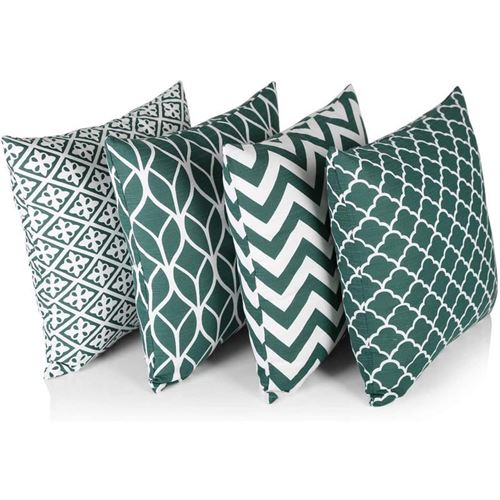 Penguin Home® 100% Coton Décoration Double Face Housses Carré avec Fermeture Éclair Invisible 4-Pièce Set, 45 cm Longueur x 45 cm Largeur, Motif Vert Forêt/Blanc