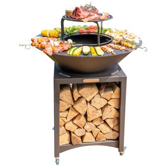 MonMobilierDesign FIESTA Brasero haut avec plaque et grille amovible en acier barbecue plancha extérieur Ø 75 cm - 1