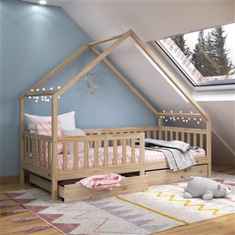 Lit cabane ALVA lit enfant simple asymétrique en bois 90 x 190 cm