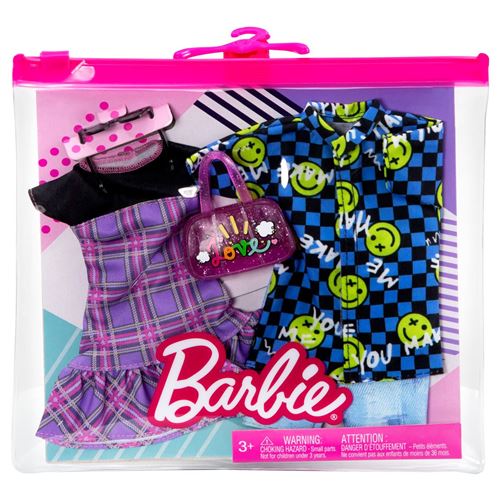 Barbie et Ken Fashion Pack - HBV73 - Ensemble de 2 Tenues - une robe à carreaux + sac à main pour Barbie, chemise habillée + short en jean pour Ken