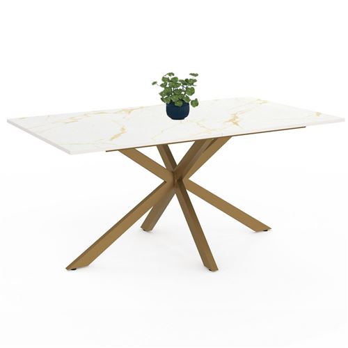 Table à manger rectangle 8 personnes avec pied araignée et plateau effet marbre