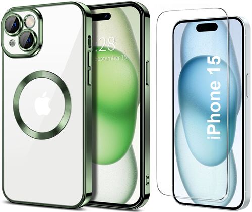 Coque Silicone Pour iPhone 15 Couleur Vert Compatible Magsafe + Verre Trempe Protection Ecran Little Boutik®
