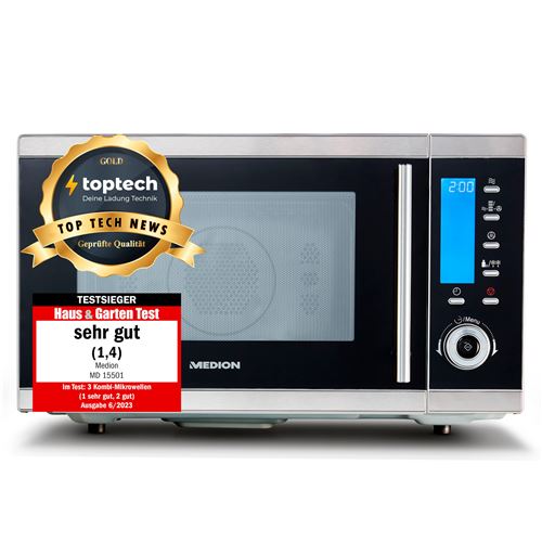 MEDION Micro-ondes Grill -four- 15501 - 25 L - Micro-Ondes 900 W - Grill 1100 W - Chaleur tournante 2500W / Max. 230°C - Argent