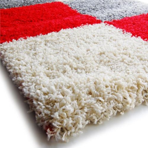 Tapis Shaggy Rouge Et Gris Damier Taille 120 X 160 Cm