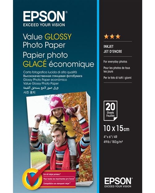 epson value glossy photo paper 10x15cm 20sheet noir