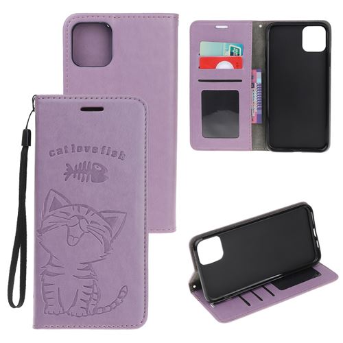 Etui en PU impression de motif de chat et arête de poisson violet pour votre Apple iPhone 12 Pro Max 6.7 pouces